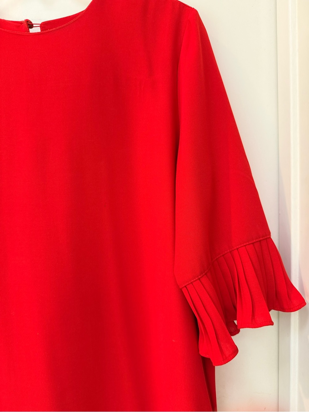 Red Ruffle Hem & 3/4 Length Sleeve Tunic / Shift Dress, Elegant Casual, Sz L - Picture 2 of 12
